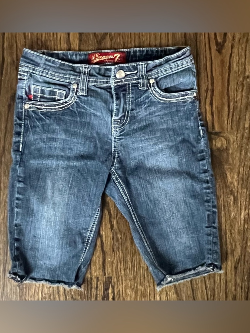 Seven7 Dark Blue Distressed Denim Knee-Length Shorts